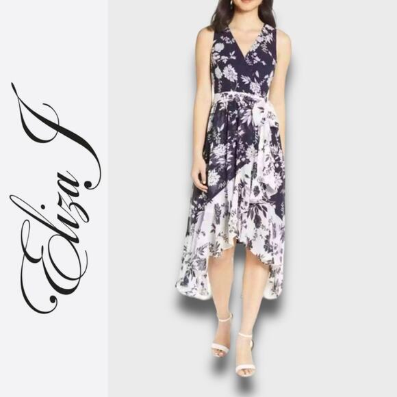 Eliza J Dresses & Skirts - ELIZA J CHIFFON BOHO FAUX WRAP MIDI SLEEVELESS FLORAL DRESS NAVY WHITE 18